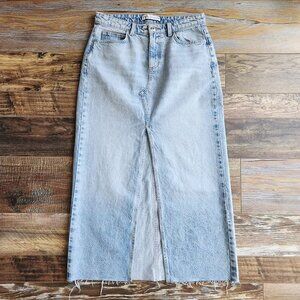 Midi Pencil Denim Skirt Split Front High Waist Raw Hem Light Wash Blue